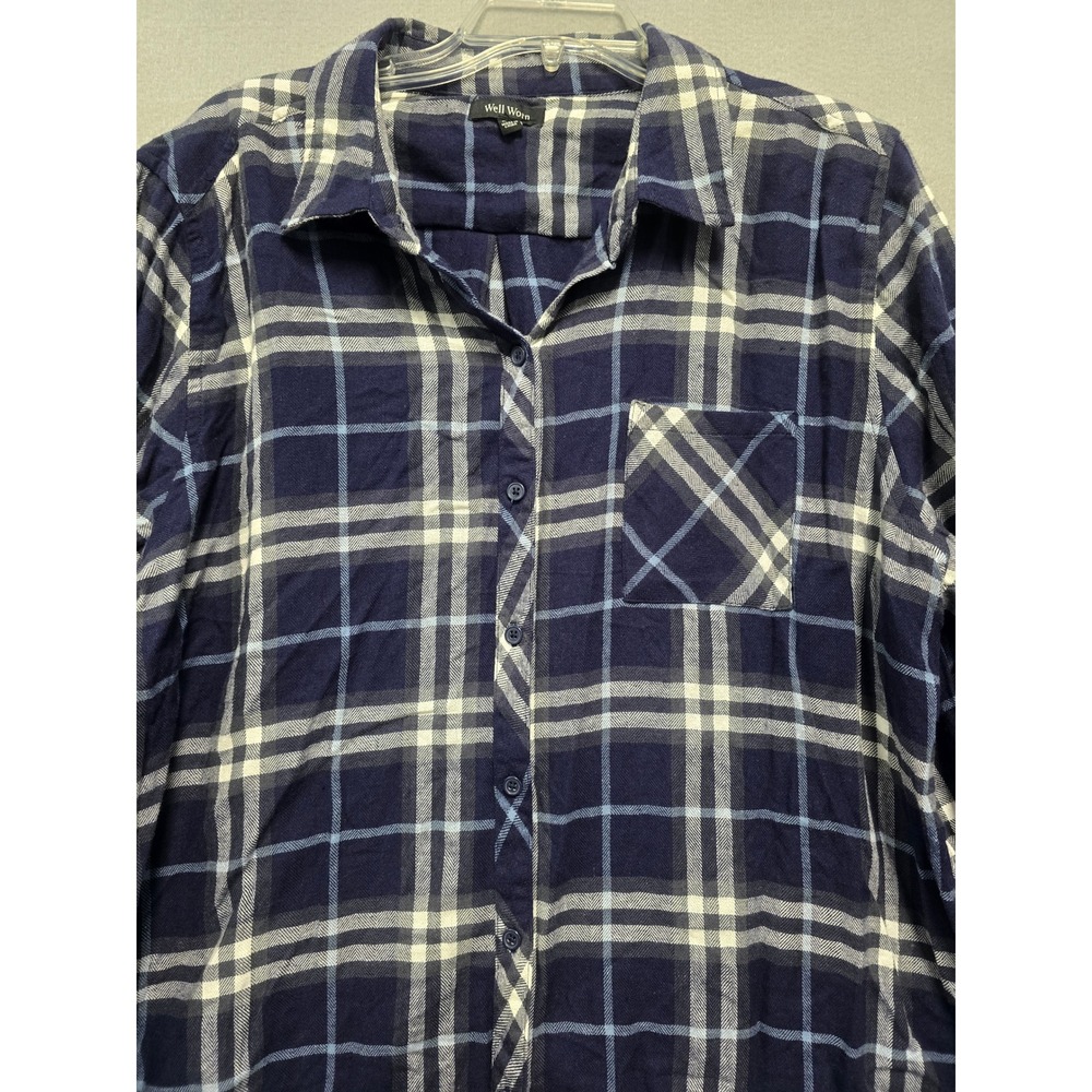 Womens Well Worm XXL Plaid Long Sleeve Button Up Shirt Navy White Casual Shirt